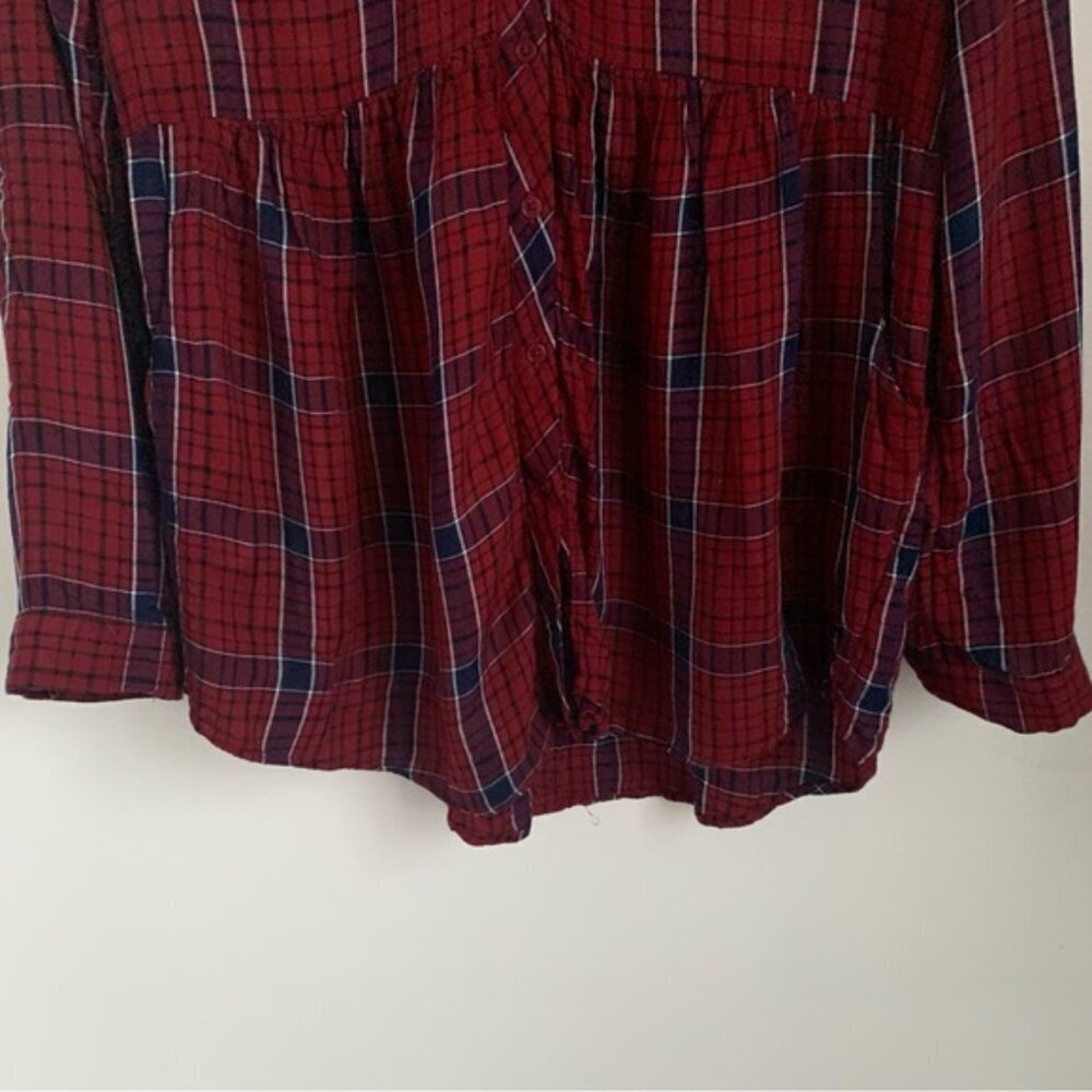 Rickis Burgundy Plaid Babydoll Peplum Shirt Blouse - Picture 3 of 8